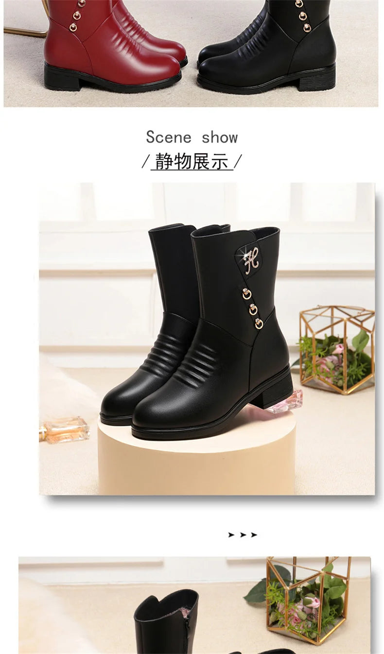 Soft Leather Boots for Women Autumn Winter with Plush Warm Side Zipper Round Toe High Heel Casual Anti-slip Mom Cotton Shoes - Buy online at  Vibe In Cart.