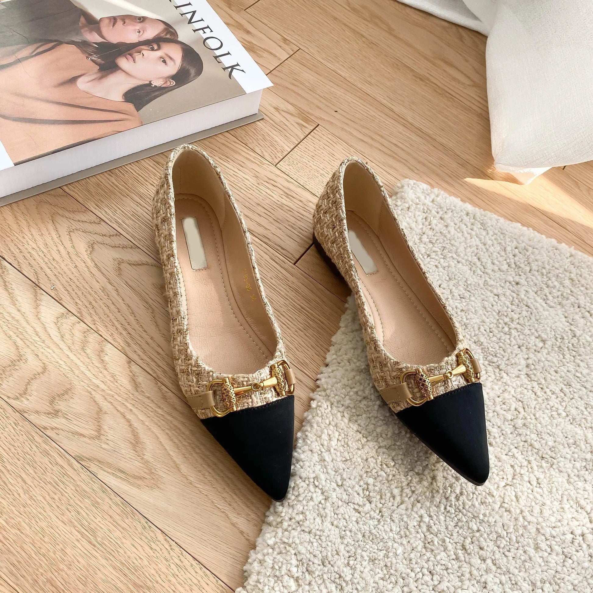 Women's Pointed Toe Low-Heeled Slip-On Flats with Metal Decoration