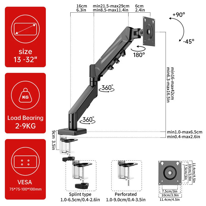 Adjustable Gas Spring Single Monitor Arm for 13-32 Inch Screens with Clamp Stand