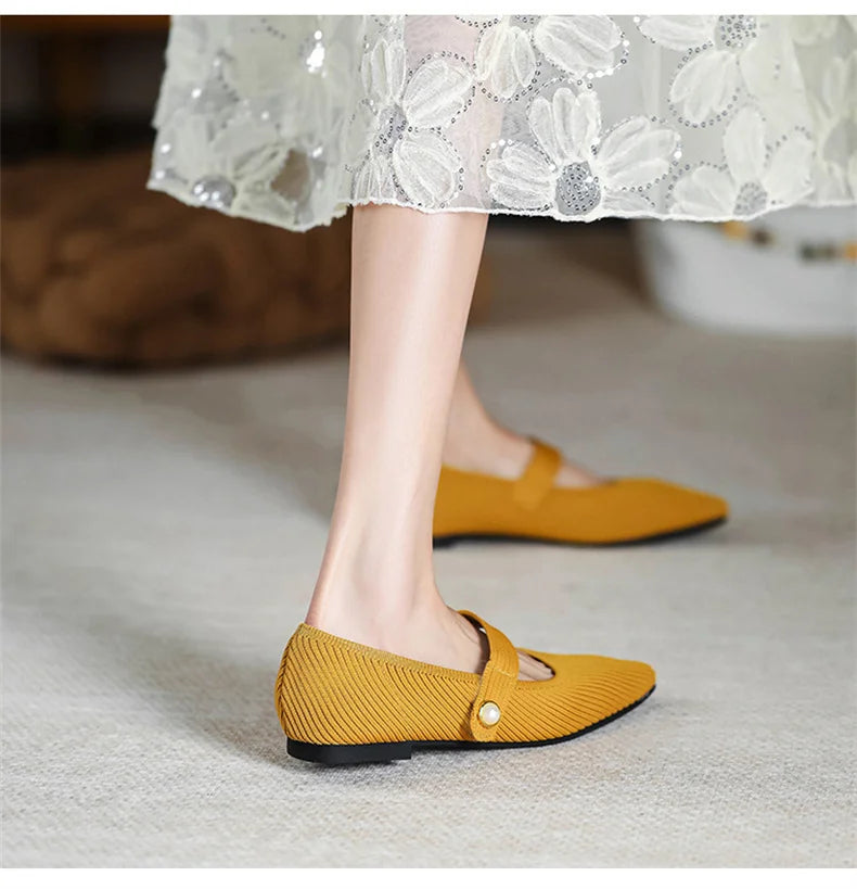 2024 Leisure Weaving Flats Women Ankle Strap Pearl Mary Stretch Fabric Ballerina Knitting Moccasins Mesh Solid Color Shoes - Buy online at  Vibe In Cart.