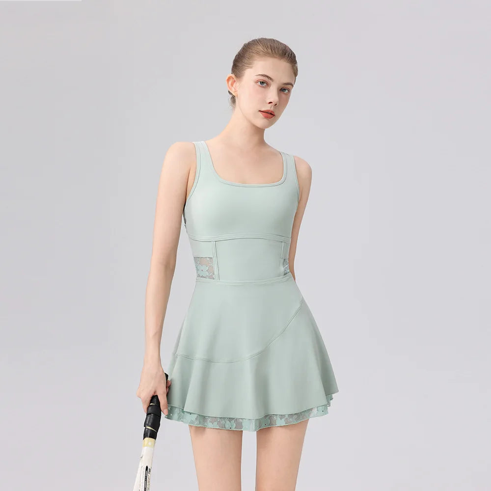 2026 New tennis dress ballet dress sexy back cross lace badminton anti-light lacework Separate shorts yoga golf sports dress