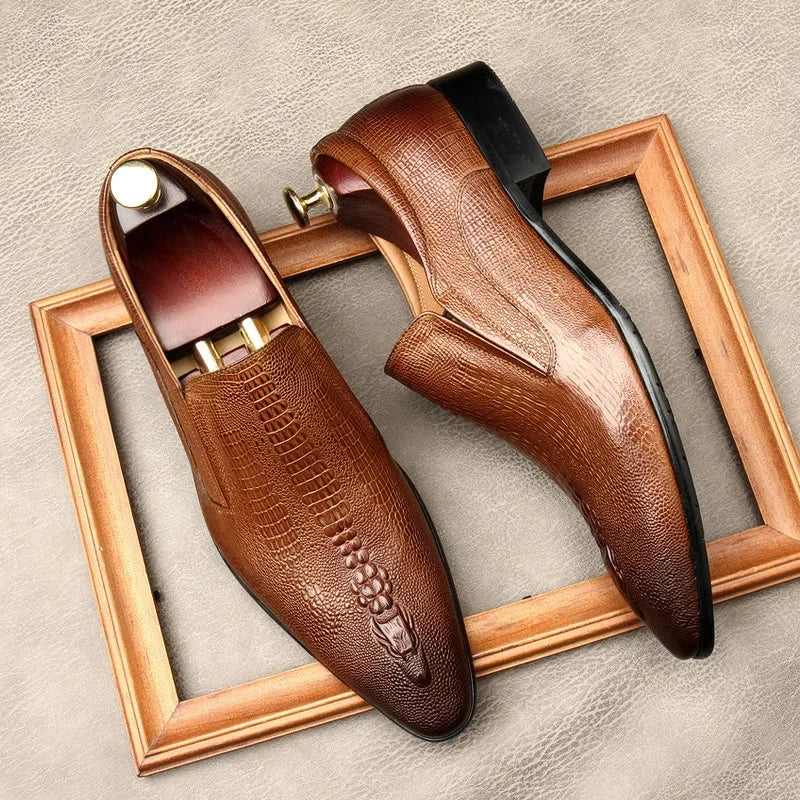 Men's Black And Blue Genuine Leather Oxford Shoes With Crocodile Pattern