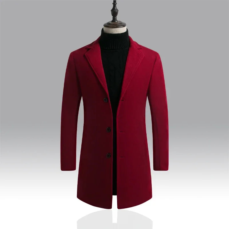 Men's Slim Long Wool Blend Cotton Single Breasted Coat for Autumn and Winter