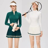 Women Long Sleeve Yoga Tennis Shirts Zipper Collar Workout Athletic Tops Ladies Slim Pleated Tennis Skirt Gym Short Skorts - Buy online at  Vibe In Cart.