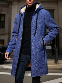 Men's Winter Hooded Zipper Jacket with Long Sleeves and Solid Color