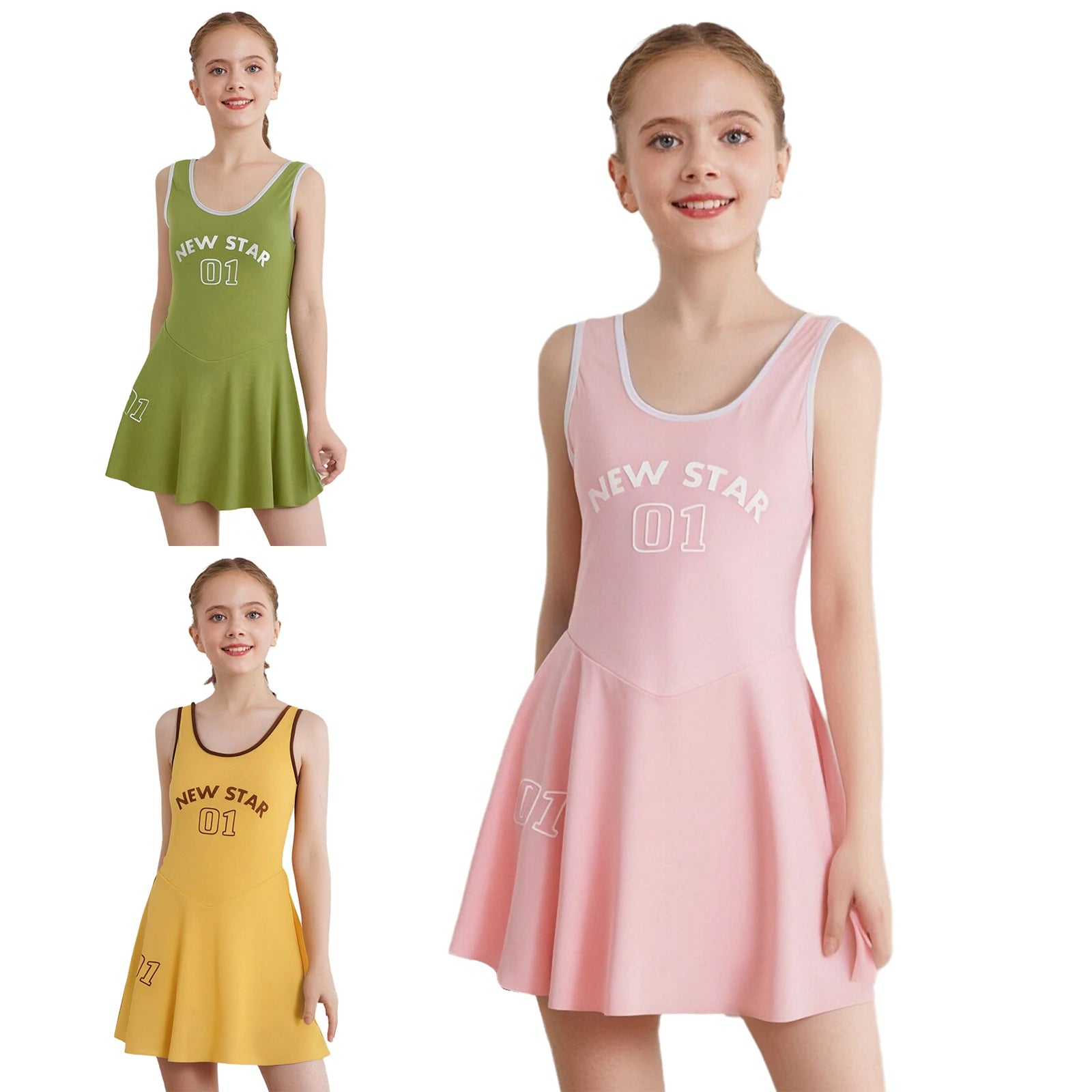 Sporty Style Girl Dress Children's Sleeveless Letter Print Sports Golf Tennis Workout Athletic Dress with Removable Chest Pads