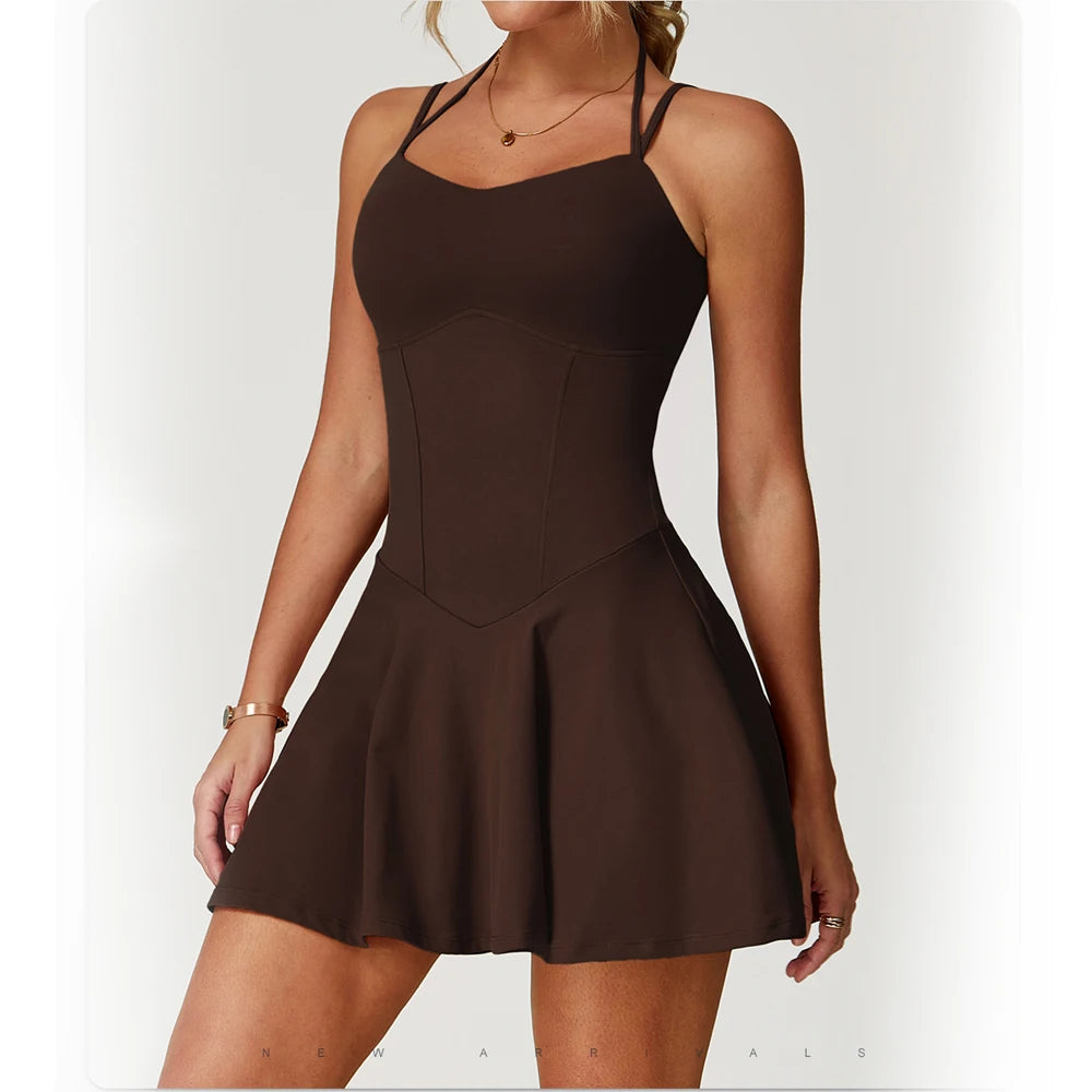 Womens Spaghetti Strap Tennis Dress with Built-in Shorts and Bra Golf Athletic Dress with Pockets