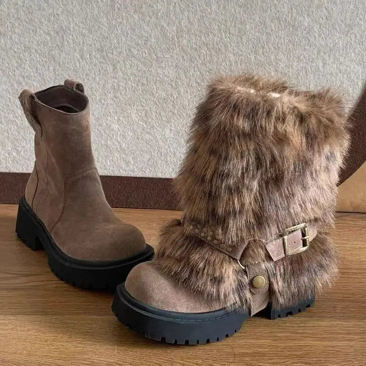 Women's Mid-Calf Snow Boots with Square Heel and Plush Lining