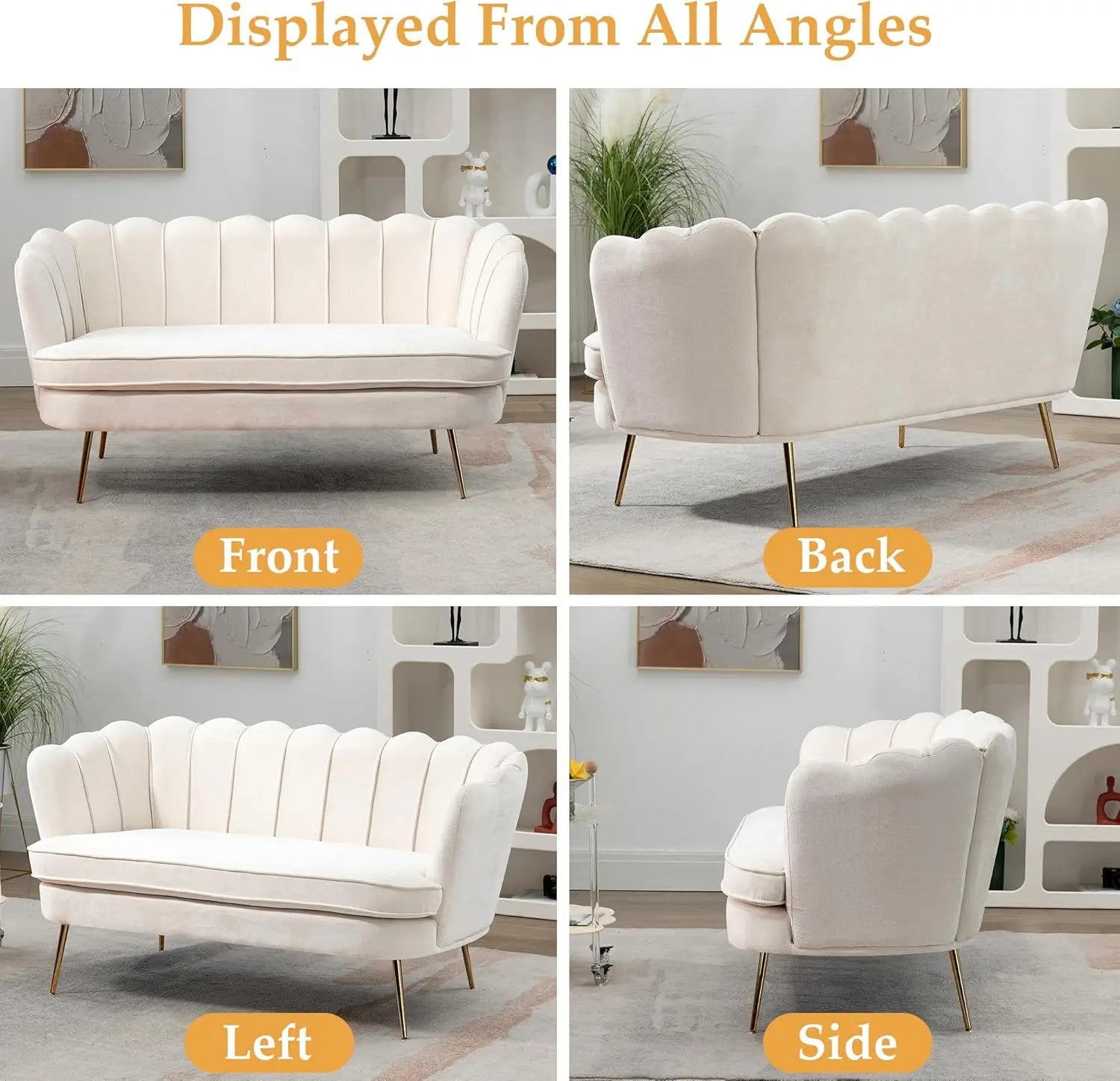 59” Small Modern Chenille Loveseat Sofa, 2-Seater Sofa with Gold Metal Legs, Small Couch with Flower Shaped Back for Living Room - Buy online at  Vibe In Cart.