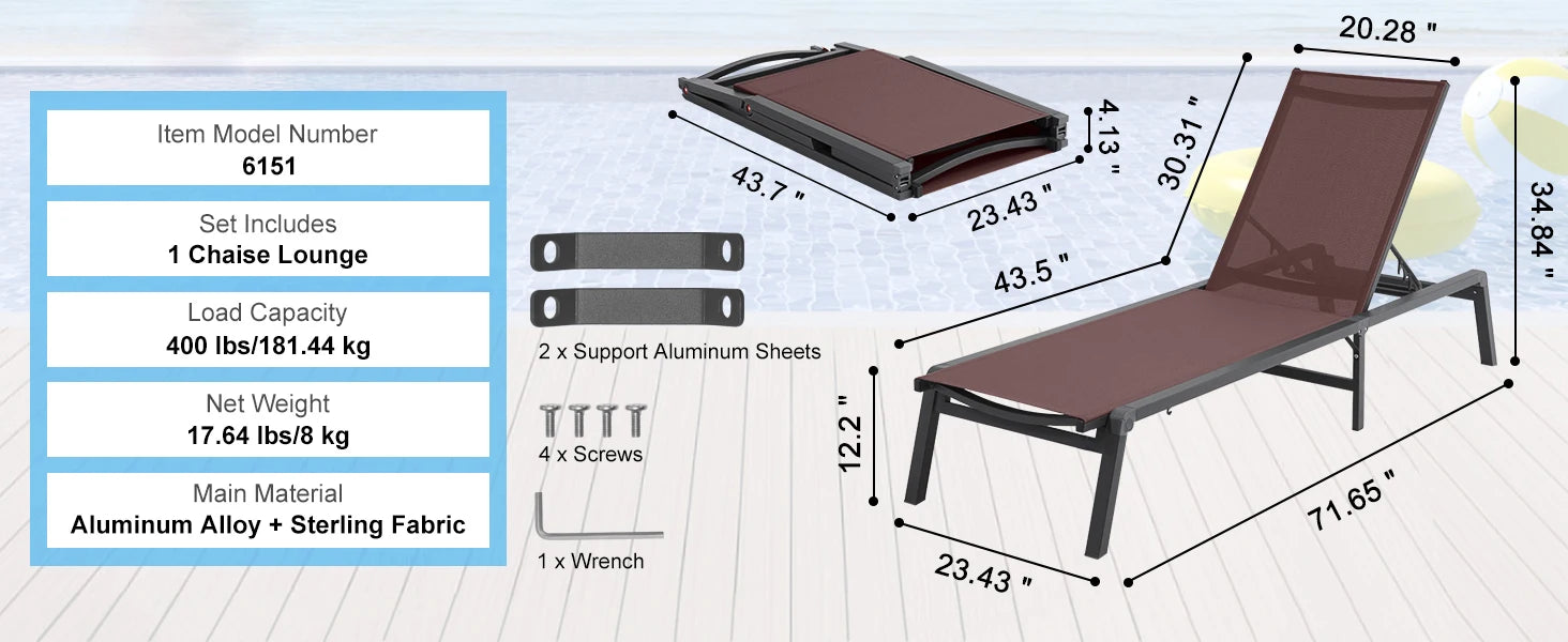 SucceBuy Chaise Lounge Chair Outdoor Aluminum Patio LoungeFolding Pool Lounge Recliner Full Flat for Patio Beach Pool Dark Grey - Buy online at  Vibe In Cart.