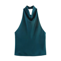 Women's Short Sleeveless Backless Tops with Buttons, Polyester