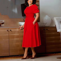 Women's Polyester O Neck Short Sleeve Belted Pleated Mid-Calf Dress