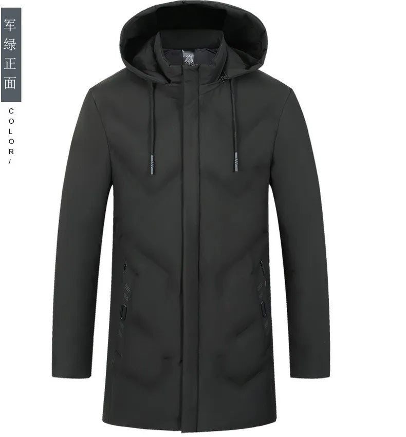 Men's Long Hooded Winter Parka Jacket with Zipper and Pockets