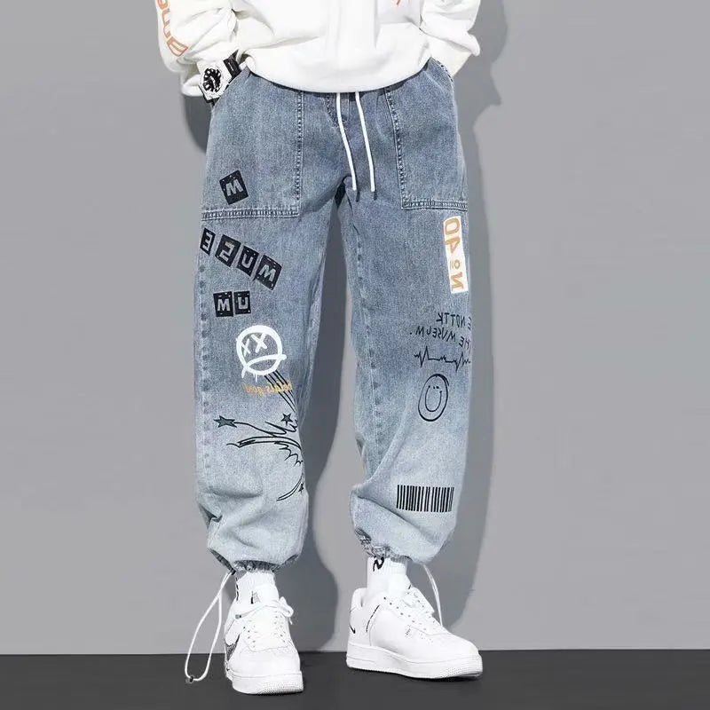 Korean Clothing  Men Letter Printed Jeans High Waisted Baggy Jeans Cartoon Graffiti Hip-Hop Pants Blue Jeans - Buy online at  Vibe In Cart.