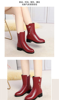 Soft Leather Boots for Women Autumn Winter with Plush Warm Side Zipper Round Toe High Heel Casual Anti-slip Mom Cotton Shoes - Buy online at  Vibe In Cart.