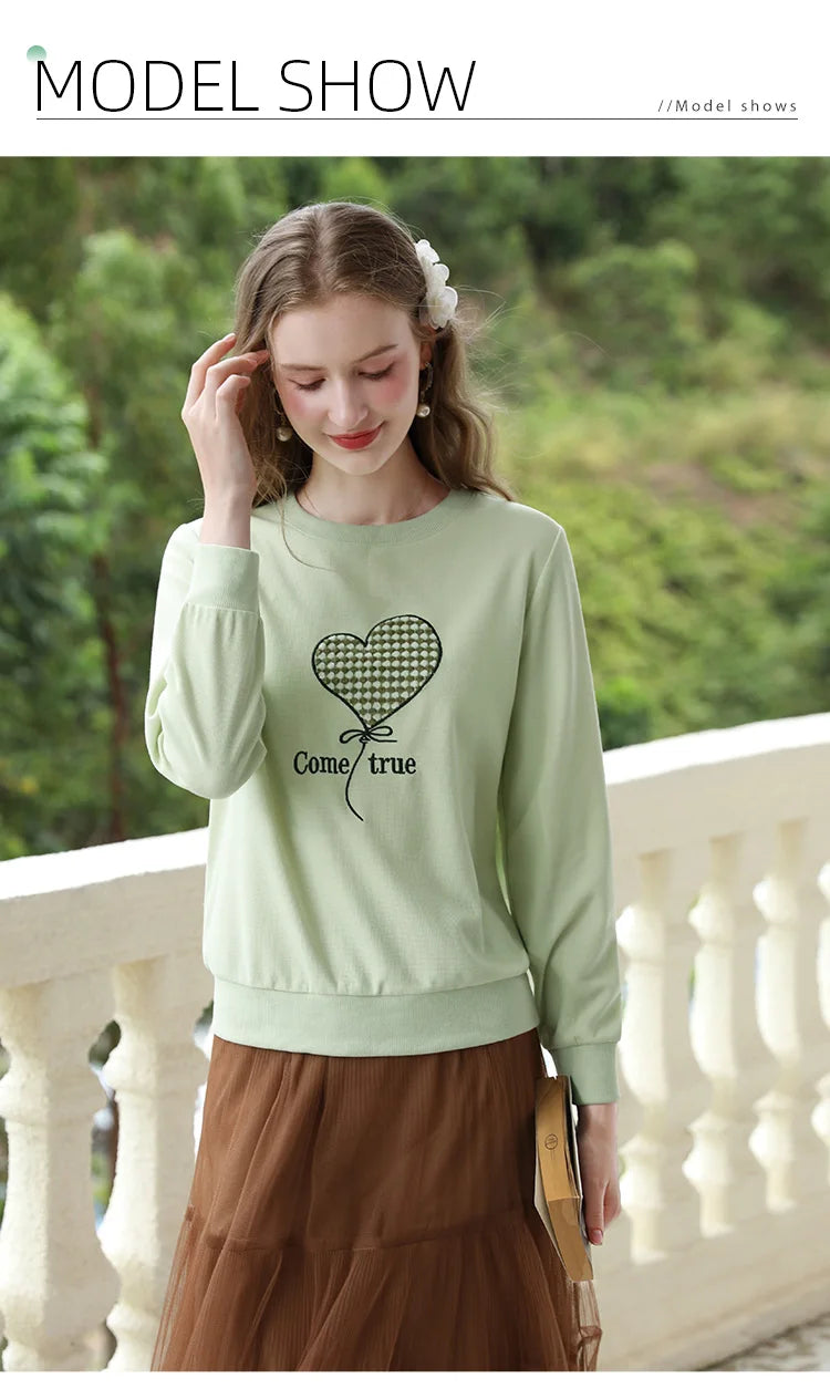 Women's Green Waffle Knitted Loose O-Neck Pullover Hoodie with Embroidery
