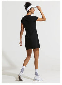 Summer Women Tennis Dress Cotton Female Short Sleeve Black Sport Dress Training Running Fitness Skirt Golf Badminton Dress Suit