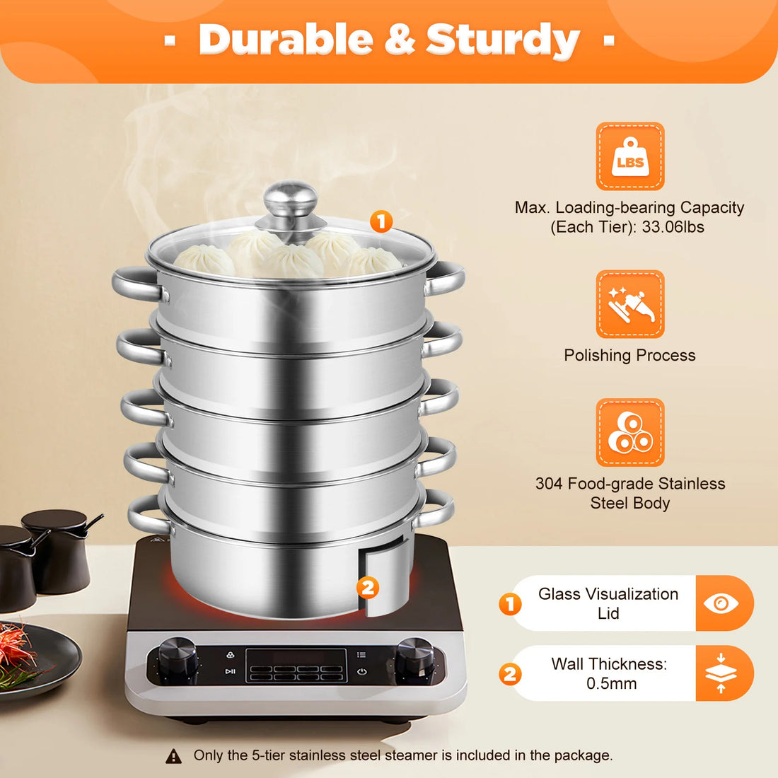 5-Tier Stainless Steel Food Steamer 26cm Meat Vegetable Steamer Pot Kitchen Cookware with Lid - Buy online at  Vibe In Cart.
