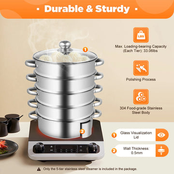 5-Tier Stainless Steel Food Steamer 26cm Meat Vegetable Steamer Pot Kitchen Cookware with Lid - Buy online at  Vibe In Cart.