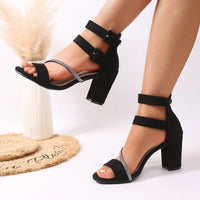 Summer New Style Women's Chunky Heel Sandals, Black Suede Double Buckle Strap Open-Toe High Heels, Plaid Decoration Commuter and Date Women's Shoes - Buy online at  Vibe In Cart.