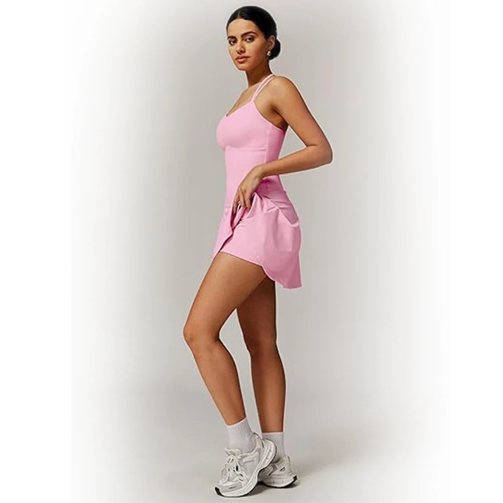 Womens Spaghetti Strap Tennis Dress with Built-in Shorts and Bra Golf Athletic Dress with Pockets