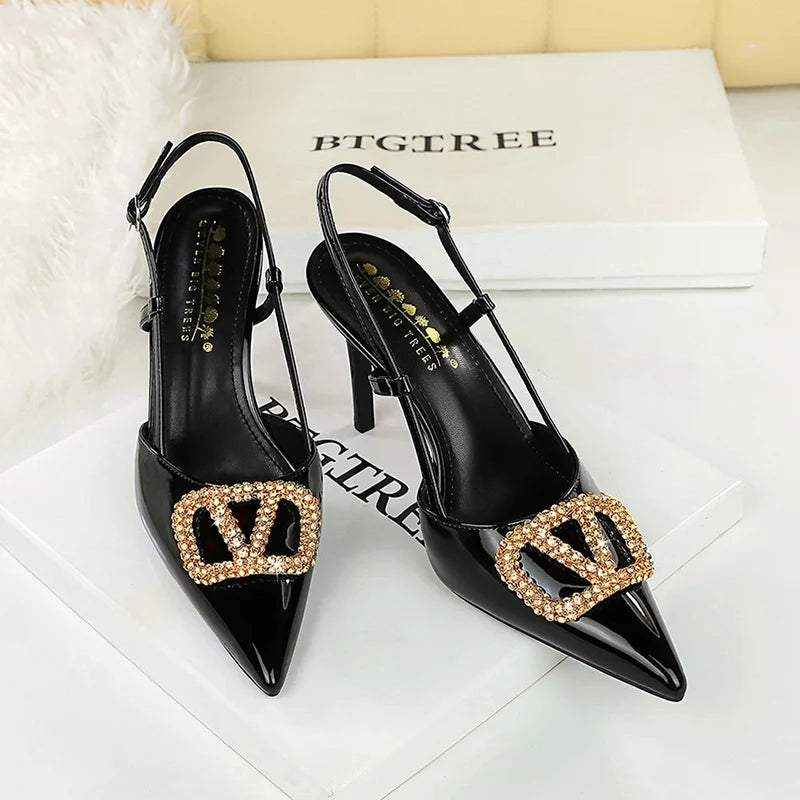 Women Metal Decoration 9cm High Heels Sandals Female Patent Leather Back Strap Pumps Lady Pointed-toe Shallow Crystal Shoes - Buy online at  Vibe In Cart.