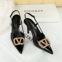 Women Metal Decoration 9cm High Heels Sandals Female Patent Leather Back Strap Pumps Lady Pointed-toe Shallow Crystal Shoes - Buy online at  Vibe In Cart.