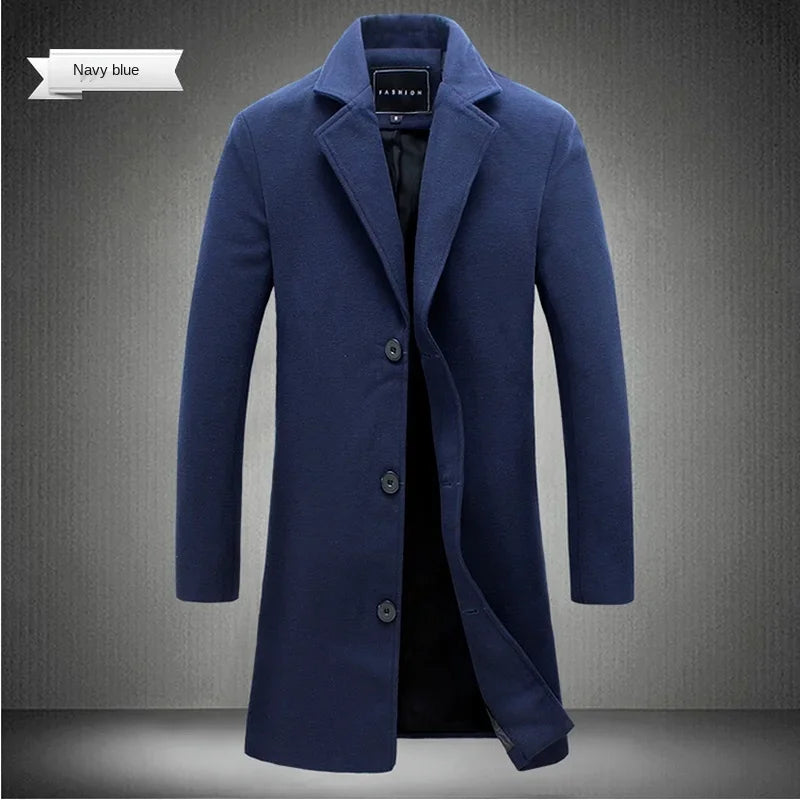 Men's Slim Long Wool Blend Cotton Single Breasted Coat for Autumn and Winter