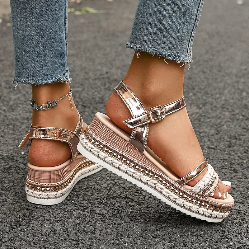 Plus Size Fashion Rivet Decor Wedge Sandals Women Gold Ankle Strap Platform Sandals for Woman Summer Thick Sole Roman Sandalias - Buy online at  Vibe In Cart.