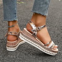 Plus Size Fashion Rivet Decor Wedge Sandals Women Gold Ankle Strap Platform Sandals for Woman Summer Thick Sole Roman Sandalias - Buy online at  Vibe In Cart.
