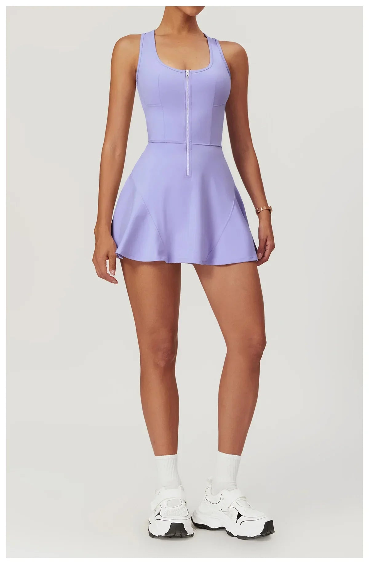 Sleeveless Zipper Tennis Dresses Women's Push-up Workout Yoga Dress Sexy Solid Bodysuit Jumpsuit Skirt Gym Dance Fitness Clothes