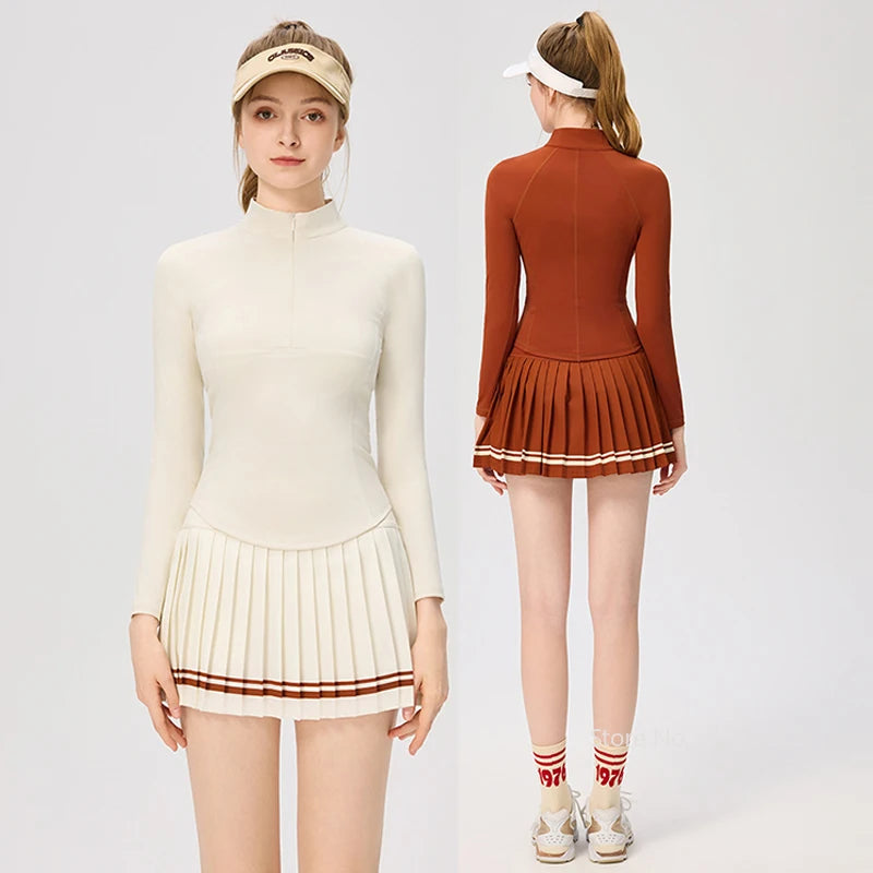 Women Long Sleeve Yoga Tennis Shirts Zipper Collar Workout Athletic Tops Ladies Slim Pleated Tennis Skirt Gym Short Skorts - Buy online at  Vibe In Cart.