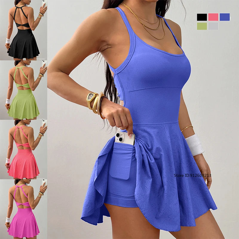 Women Cross Backless Tennis Dress Sleeveless Fitness Yoga Golf Sports Dresses Quick Dry Elastic Workout Skirt with Bra and Short