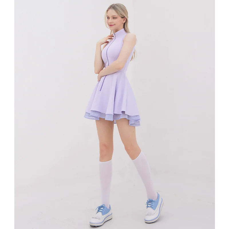 Women's Sleeveless Tennis Dress with Zipper and Inner Short