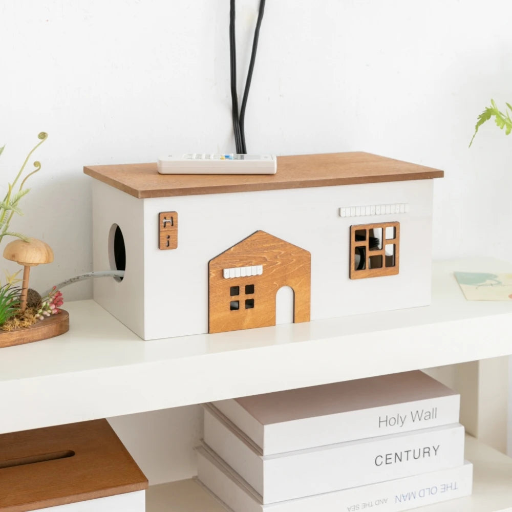 Wooden Rectangle Storage Box for Desktop Cord Organization