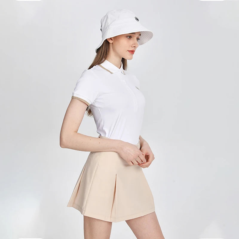 AW Golf Women's Summer Short Sleeved T-shirt Breathable Polo Lapel Tops Ladies High Waist Pleated Skirt A-Lined Golf Skorts Suit