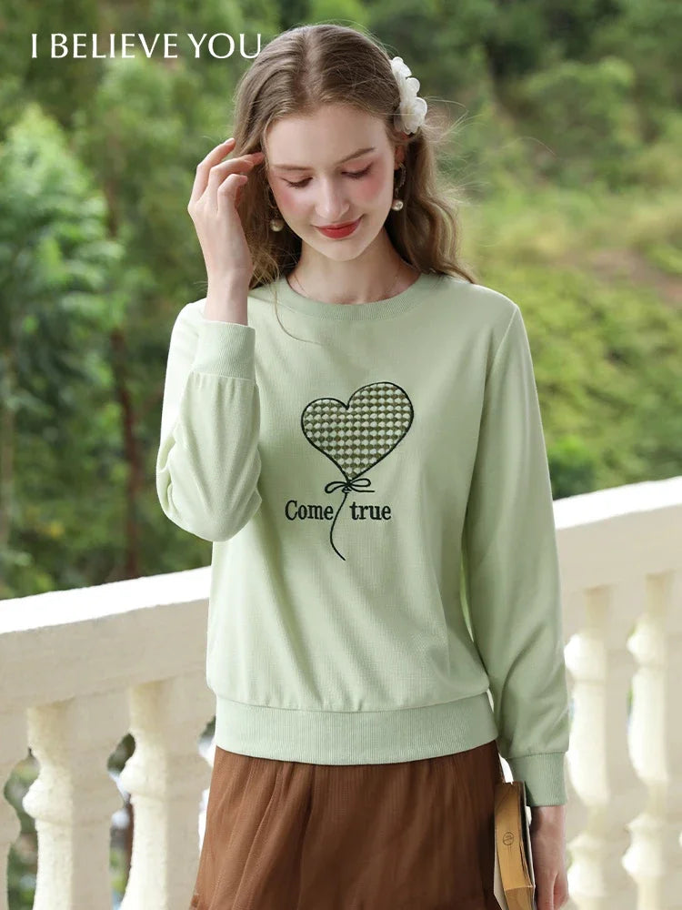 Women's Green Waffle Knitted Loose O-Neck Pullover Hoodie with Embroidery