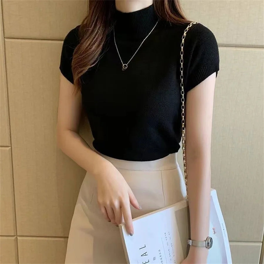 Women's Short Sleeve Turtleneck Knitted Blouse in Rayon