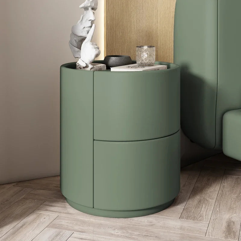 Modern Wooden Round Nightstand with 2 Drawers, 40x40x50cm
