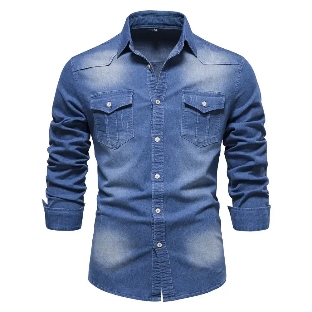 Men's Long Sleeve Cotton Denim Shirt Slim Fit Casual
