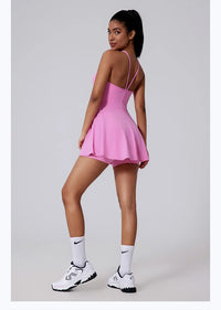 Women Beautiful Back Tennis Dress With Chest Cushion&Shorts Dreathable Outdoor Yoga Golf Skirt Workout Running Badminton Dress
