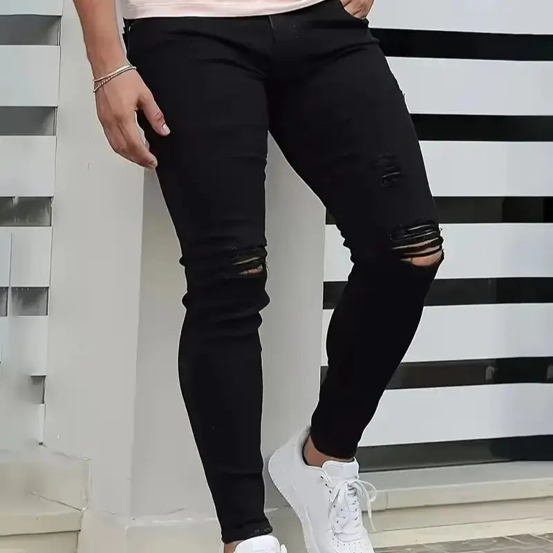 Men's Slim-Fit Ripped Jeans - Stylish Black Distressed Denim with Raw Hem, Comfortable & Versatile for All Seasons, Casual Stree - Buy online at  Vibe In Cart.