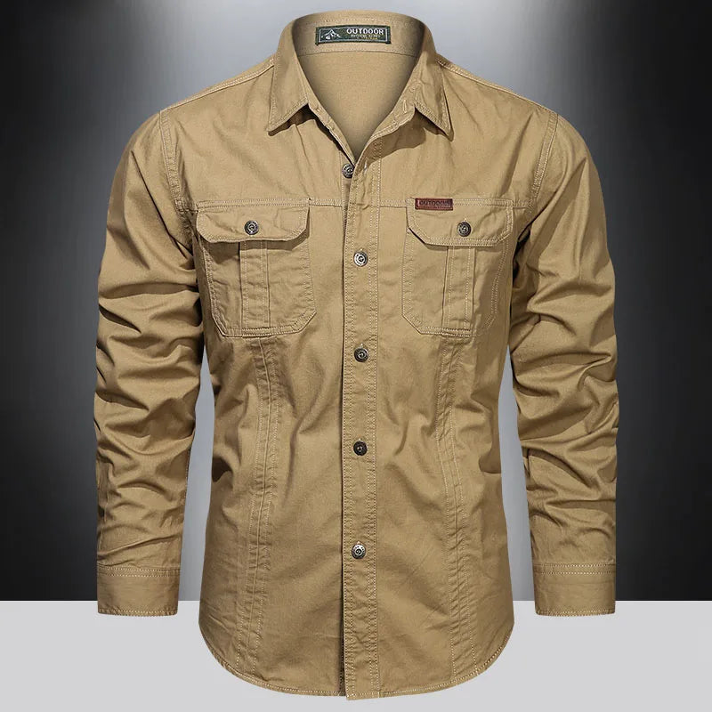 Men's Cotton Long Sleeve Multi-Pocket Cargo Shirt Casual Outdoor