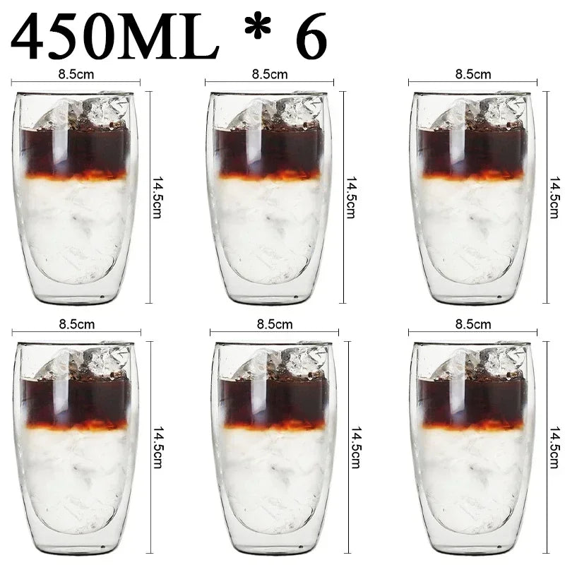 Double Wall High Borosilicate Glass Mug Set, Heat Resistant, 2-18 Pieces