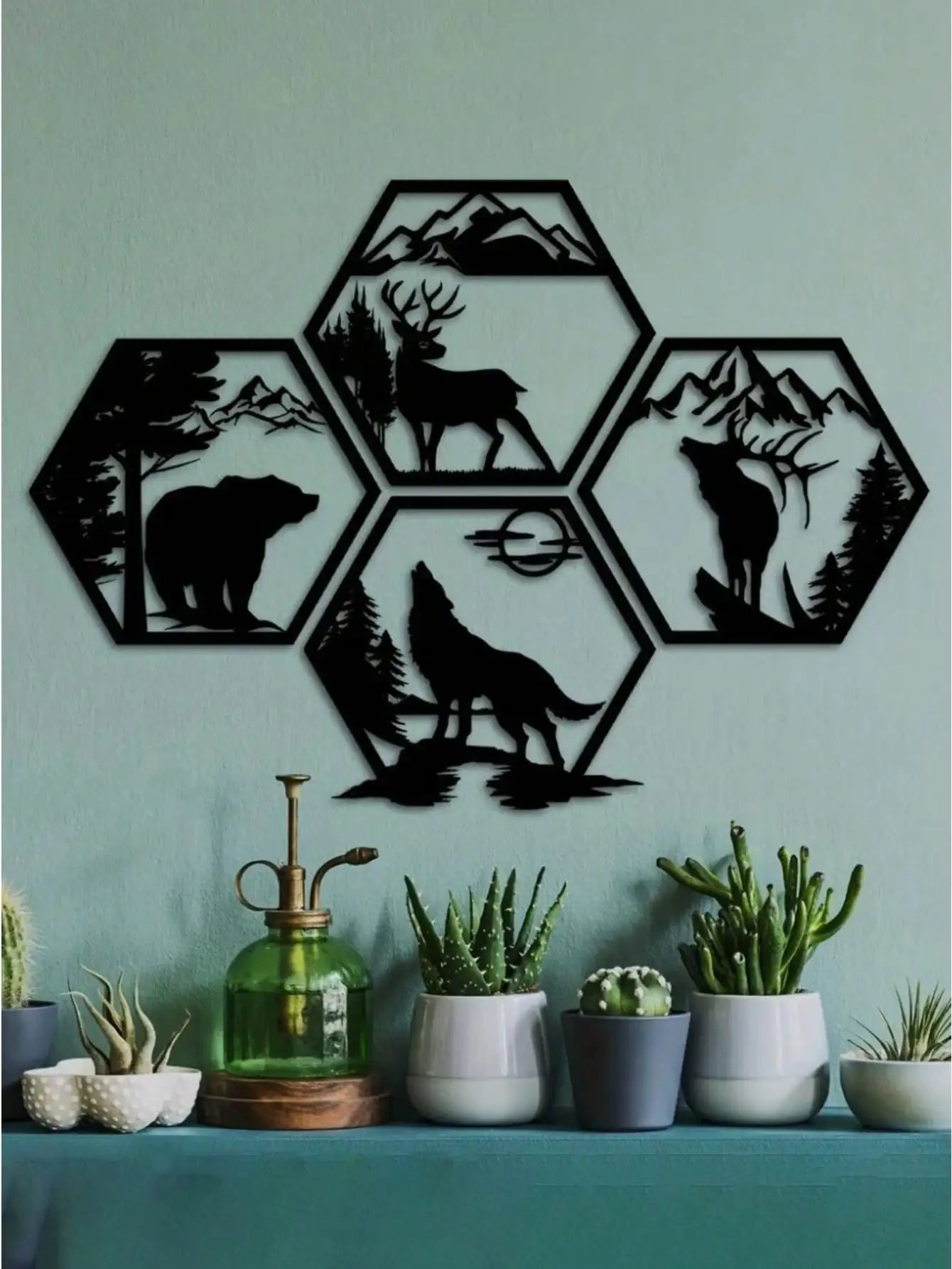 4PC Hexagon Animal (Deer/Wolf/Bear) Metal Wall Sculpture | Rustic Black Decor | Halloween & Christmas Gift - Buy online at  Vibe In Cart.