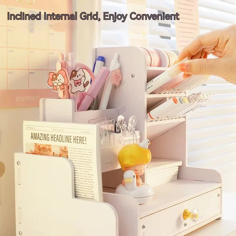 Wooden Pen and Pencil Holder with Organizer Shelves