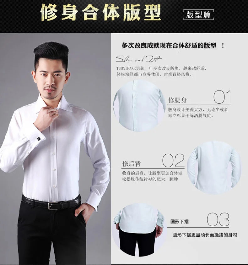 Men's French cufflinks shirt, men's slim fit long sleeved business sleeve nail free business formal men's solid color shirt - Buy online at  Vibe In Cart.
