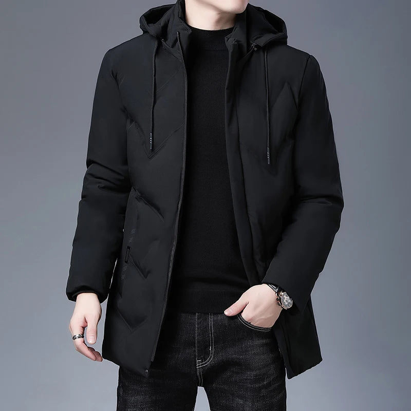 Men's Long Hooded Winter Parka Jacket with Zipper and Pockets
