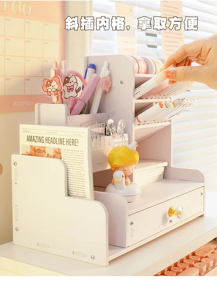 Wooden Pen and Pencil Holder with Organizer Shelves