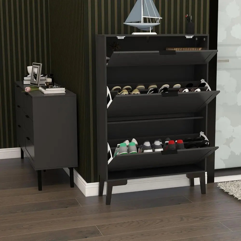 Contemporary Black Wood Shoe Storage Cabinet - Slim 3-Tier Freestanding Entryway Rack - Buy online at  Vibe In Cart.